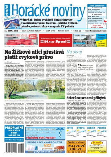 Obálka e-magazínu Horácké Noviny pátek 24.4.2015 č. 33