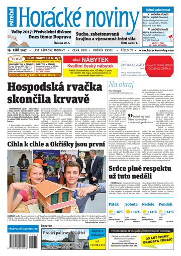 Obálka e-magazínu Horácké Noviny Pátek 29.9.2017 č. 073