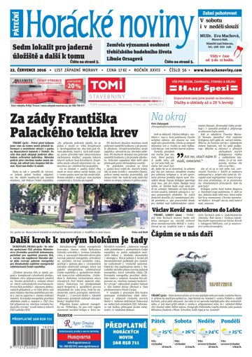 Obálka e-magazínu Horácké Noviny Pátek 22.7.2016 č. 056