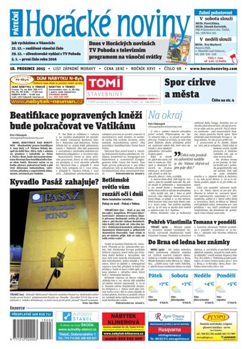 Obálka e-magazínu Horácké Noviny Pátek 18.12.2015 č. 98