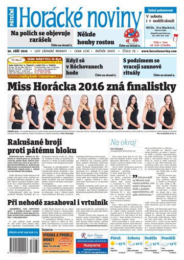 Obálka e-magazínu Horácké Noviny Pátek 30.9.2016 č. 076