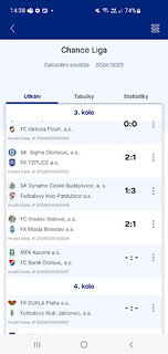 Snímek obrazovky aplikace FotbalCZ